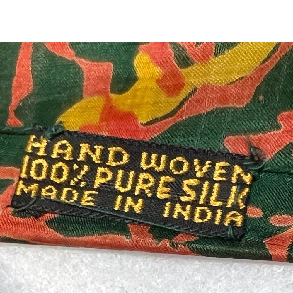 Womens Scarf Hand Woven Pure Silk Block Print 31x30 Green Red Wrap Bandana